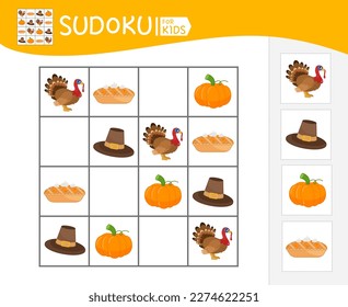 Sudoku game for children with pictures. Kids activity sheet. Thanksgiving day vector cartoon objects.
