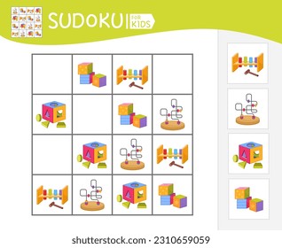 Sudoku game for children with pictures. Kids activity sheet. Vector illustration of cartoon toys.
