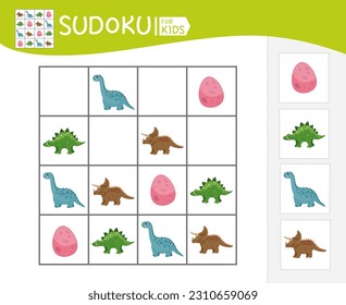 Sudoku game for children with pictures. Kids activity sheet. Vector illustration of cartoon dinosaurs.
