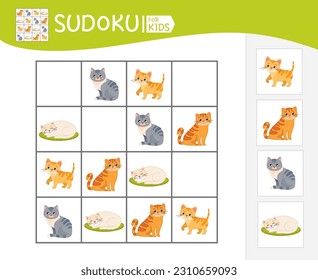 Sudoku game for children with pictures. Kids activity sheet. Vector illustration of cartoon cute cats.
