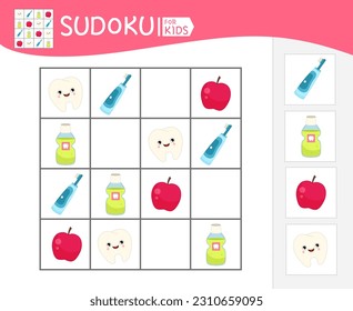 Sudoku game for children with pictures. Kids activity sheet. Vector illustration of cartoon accessories for brushing  teeth.
