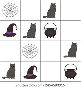 Sudoku game for children with pictures. Kids activity sheet. Vector illustration for halloween.