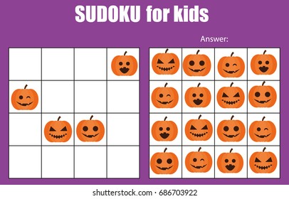 Sudoku game for children with pictures. Kids activity sheet. Training logic, educational game. Halloween theme