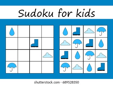 Sudoku game for children with pictures. Kids activity sheet  Training logic. Education game. Vector illustration.