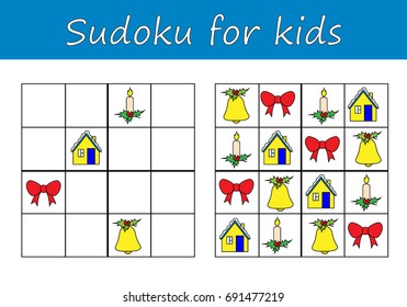 Sudoku game for children with pictures. Kids activity sheet  Training logic. Education game. Vector illustration.