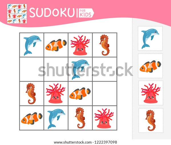 Sudoku game for children with pictures. Kids\
activity sheet.  Cartoon sea\
animals.