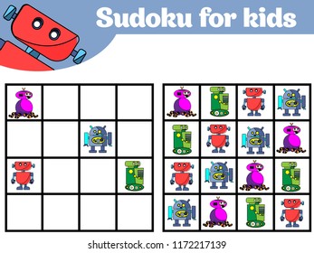 Sudoku game for children with pictures. Logic game for preschool children. Rebus for children. Educational game vector illustration Robot.