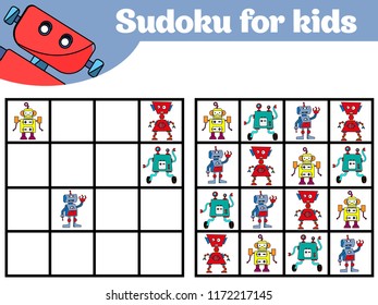 Sudoku game for children with pictures. Logic game for preschool children. Rebus for children. Educational game vector illustration Robot.