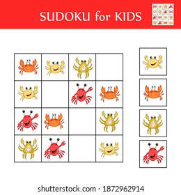 Sudoku game for children with pictures. Logic kids activity sheet. Colorful cute crabs. Educational card for children. Maths child poster. School vector illustration.