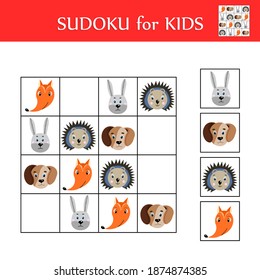 Sudoku game for children with pictures. Logic kids activity sheet. Colorful cute animals. Educational card for children. Maths child poster. School vector illustration.