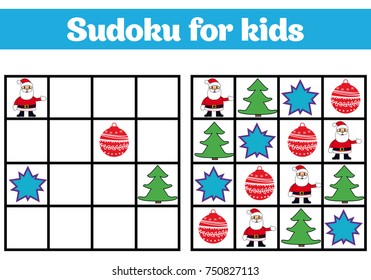 Sudoku game for children with pictures. Logic game for preschool children. rebus for children. Educational game vector illustration. Merry christmas, new year