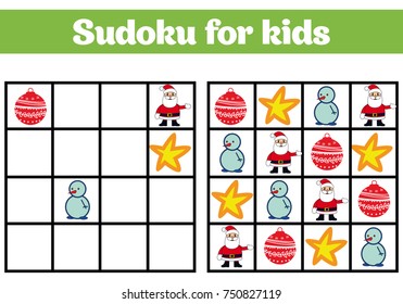 Sudoku game for children with pictures. Logic game for preschool children. rebus for children. Educational game vector illustration. Merry christmas, new year