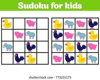 Sudoku game for children with pictures. Logic game for preschool children. rebus for children. Educational game vector illustration.