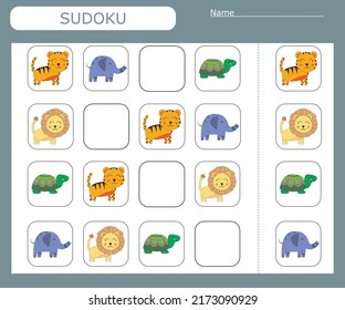 Sudoku game for children with   wild animals. Kids activity sheet . 