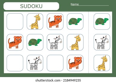 Sudoku game for children with   wild animals. Kids activity sheet . 