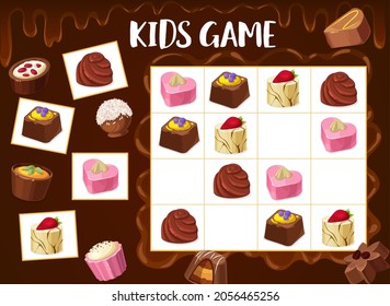 Trufa de chocolate de caza de sudoku, caramelos de nueces asadas, caramelos pralinos. Niños vectoriales con postres de dibujos animados en tablero de cuadros. Tarea educativa, niños entrenando broca para la actividad del bebé, juego de mesa