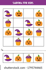 Sudoku Game With Cute Halloween Elements. Educational Puzzle For Kids.