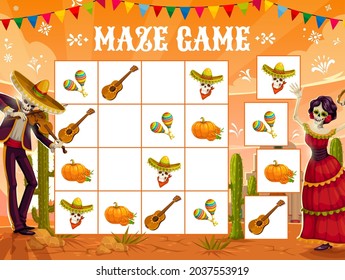 Sudoku game with Dia de los Muertos holiday, Mexican fiesta, vector background. Sudoku puzzle game with Mexican Catrina and calavera, skull in sombrero with violin, mariachi and papel pecado flags