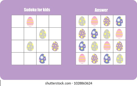 Sudoku game with easter eggs for children, easy level, education game for kids, preschool worksheet activity, task for the development of logical thinking, vector illustration