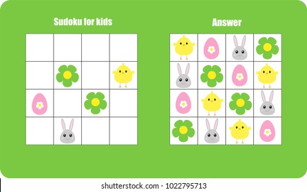 Sudoku game with easter pictures (egg, bunny, chick) for children, easy level, education game for kids, preschool worksheet activity, task for the development of logical thinking, vector illustration