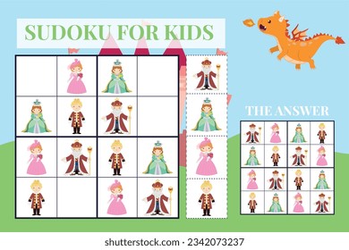 Sudoku game easy level for kids with fairytale kingdom theme. Education worksheet for children. Printable puzzle game for preschool.  Medieval kingdom theme. Vector file.