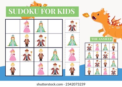 Sudoku game easy level for kids with fairytale kingdom theme. Education worksheet for children. Printable puzzle game for preschool.  Medieval kingdom theme. Vector file.