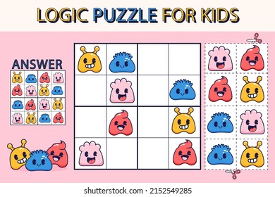 Sudoku game. Education puzzle. Preschool activity. Sudoku puzzle. Logic sequence. Childish rebus. Sudoku game for kids. Educational crossword.  Sudoku game kids brain training. Vector illustration.