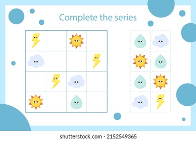 Sudoku game. Education puzzle. Preschool activity. Sudoku puzzle. Logic sequence. Childish rebus. Sudoku game for kids. Educational crossword.  Sudoku game kids brain training. Vector illustration.