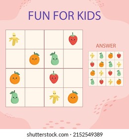 Sudoku game. Education puzzle. Preschool activity. Sudoku puzzle. Logic sequence. Childish rebus. Sudoku game for kids. Educational crossword.  Sudoku game kids brain training. Vector illustration.