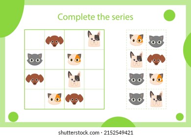 Sudoku game. Education puzzle. Preschool activity. Sudoku puzzle. Logic sequence. Childish rebus. Sudoku game for kids. Educational crossword.  Sudoku game kids brain training. Vector illustration.