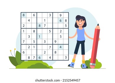 Sudoku game. Education puzzle. Preschool activity. Sudoku puzzle. Logic sequence. Childish rebus. Sudoku game for kids. Educational crossword.  Sudoku game kids brain training. Vector illustration.