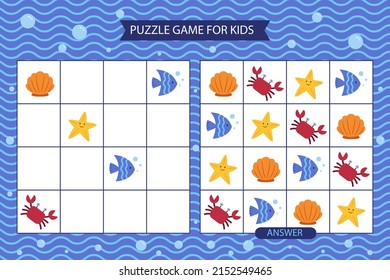 Sudoku game. Education puzzle. Preschool activity. Sudoku puzzle. Logic sequence. Childish rebus. Sudoku game for kids. Educational crossword.  Sudoku game kids brain training. Vector illustration.