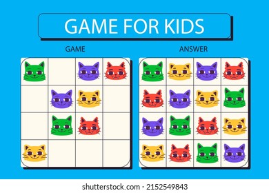Sudoku game. Education puzzle. Preschool activity. Sudoku puzzle. Logic sequence. Childish rebus. Sudoku game for kids. Educational crossword.  Sudoku game kids brain training. Vector illustration.