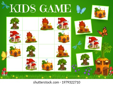 Sudoku game fairy houses of elves and gnomes. Vector carrot, boot, tree and mushroom on chequered board with cards. Kids task with cute dwellings, teaser boardgame for children sparetime activity