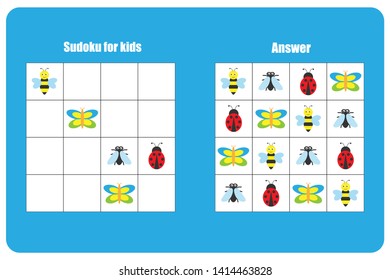 Sudoku game with insects for children, easy level, education game for kids, preschool worksheet activity, task for the development of logical thinking, vector illustration