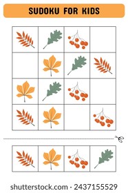 Sudoku game for kids with autumn leaves. Kids activity sheet. Educational game.