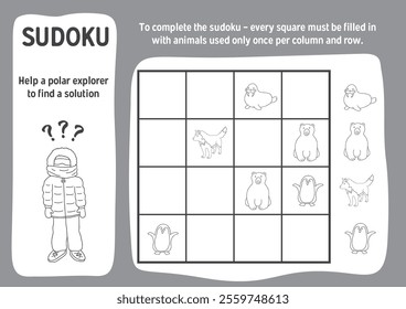 Sudoku game for kids with cute cartoon arctic polar animals. Educational Logic activities game for children. Vector illustration.