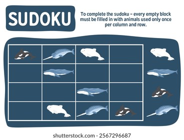 Sudoku game for kids with cute cartoon arctic polar sea animals. Educational Logic activities game for children. Vector illustration.