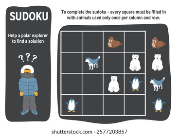 Sudoku game for kids with cute cartoon arctic polar animals. Educational Logic activities game for children. Vector illustration.