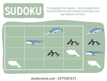 Sudoku game for kids with cute cartoon arctic polar sea animals. Educational Logic activities game for children. Vector illustration.