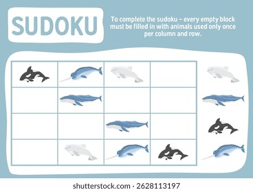 Jogo de Sudoku para crianças com desenhos animados bonitos animais do mar polar ártico. Jogo de atividades de lógica educacional para crianças. Ilustração vetorial.