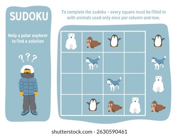 Jogo de Sudoku para crianças com desenhos animados bonitos animais polares árticos. Jogo de atividades de lógica educacional para crianças. Ilustração vetorial.