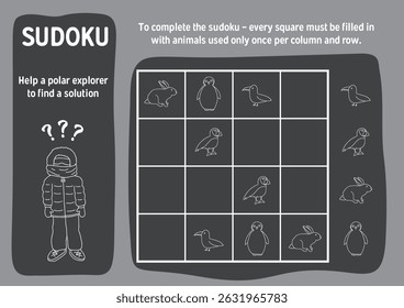 Jogo de Sudoku para crianças com desenhos animados bonitos animais polares árticos. Jogo de atividades de lógica educacional para crianças. Ilustração vetorial.