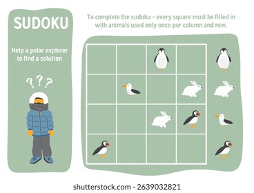 Sudoku game for kids with cute cartoon arctic polar animals. Educational Logic activities game for children. Vector illustration.