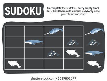 Sudoku game for kids with cute cartoon arctic polar sea animals. Educational Logic activities game for children. Vector illustration.