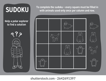 Jogo de Sudoku para crianças com desenhos animados bonitos animais polares árticos. Jogo de atividades de lógica educacional para crianças. Ilustração vetorial.