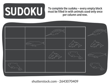 Jogo de Sudoku para crianças com desenhos animados bonitos animais do mar polar ártico. Jogo de atividades de lógica educacional para crianças. Ilustração vetorial.