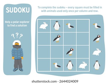 Jogo de Sudoku para crianças com desenhos animados bonitos animais polares árticos. Jogo de atividades de lógica educacional para crianças. Ilustração vetorial.