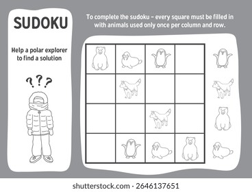 Sudoku game for kids with cute cartoon arctic polar animals. Educational Logic activities game for children. Vector illustration.