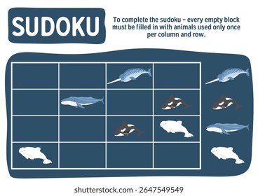 Jogo de Sudoku para crianças com desenhos animados bonitos animais do mar polar ártico. Jogo de atividades de lógica educacional para crianças. Ilustração vetorial.